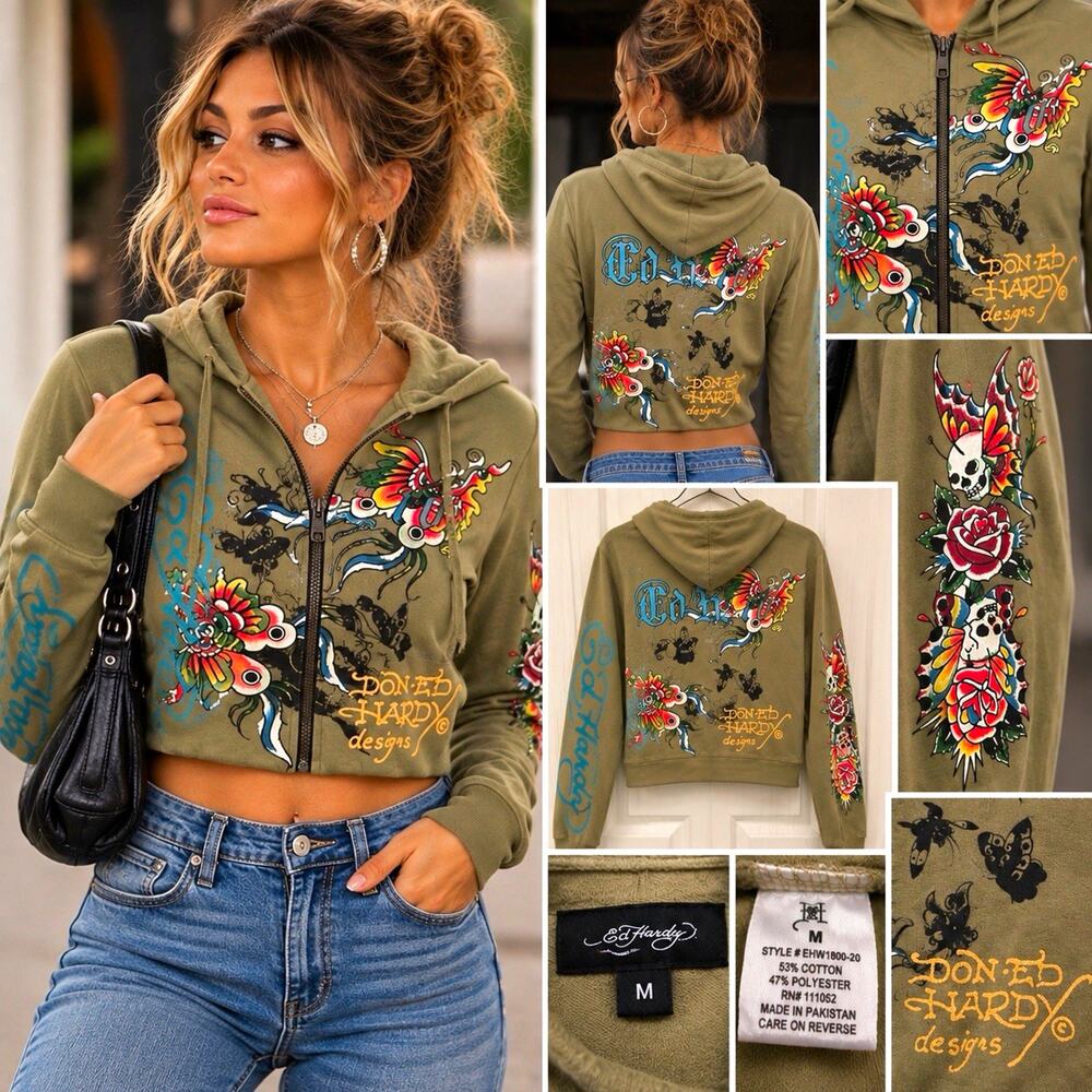 Ed Hardy Butterflies Y2K Olive Green Cropped Zip Up Hoodie - Size M